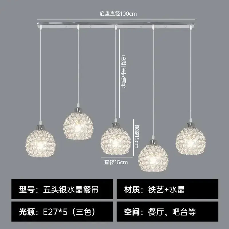 Modern black iron cage pendant lamp with five-head silver crystal chandelier and sparkling spherical shades perfect for crystal dining pendant lighting