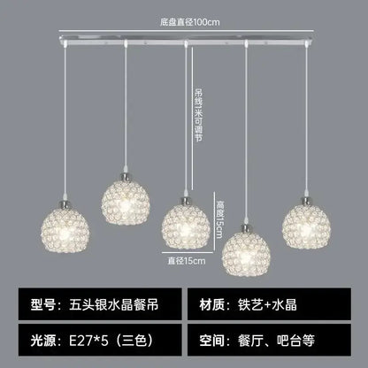 Modern black iron cage pendant lamp with five-head silver crystal chandelier and sparkling spherical shades perfect for crystal dining pendant lighting
