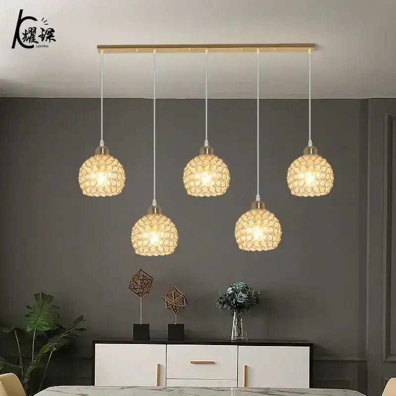 Modern black iron cage pendant lamp with five warm-toned woven glass shades for crystal dining pendant decorbites lighting