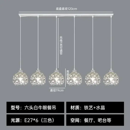 Six-head white cow eye pendant lamp with crystal and black iron art design for modern kitchen island lighting decorbites crystal dining