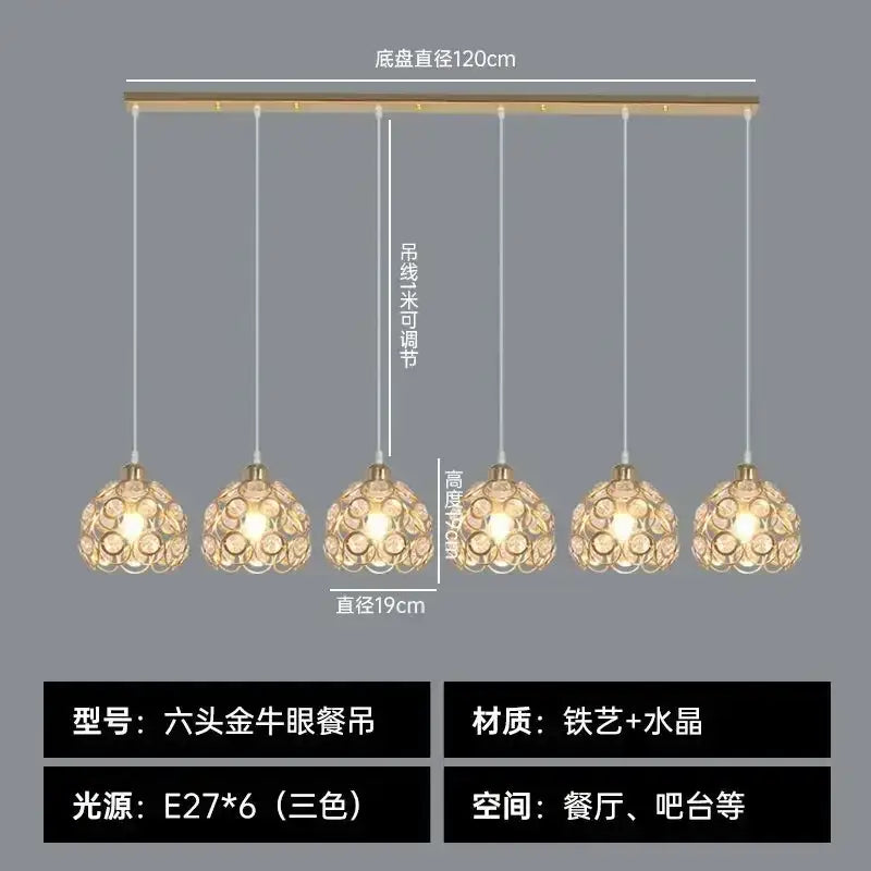 Modern black iron cage pendant lamp featuring six-head golden bull-eye chandelier with crystal glass globes decorbites crystal dining
