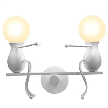 Modern black iron creative led wall sconce with white metallic figurine and warm spherical bulbs for bedroom decorbites creative led wall