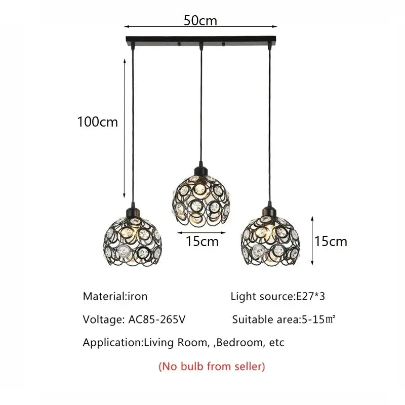 Modern black iron crystal triple pendant lamp with three spherical crystal-encrusted shades for dining room decorbites crystal triple pendant