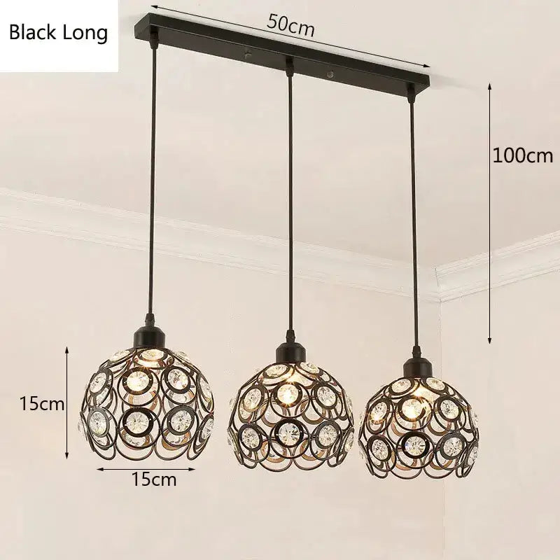 Modern black iron pendant lamp with three crystal triple pendant spherical shades for dining room decorbites crystal triple