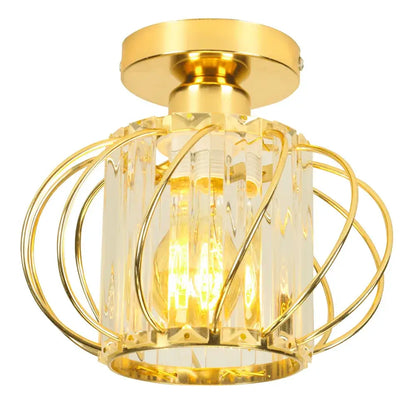 Modern black iron round crystal ceiling chandelier with gold-finished light, faceted glass panels, and curved metal rings
