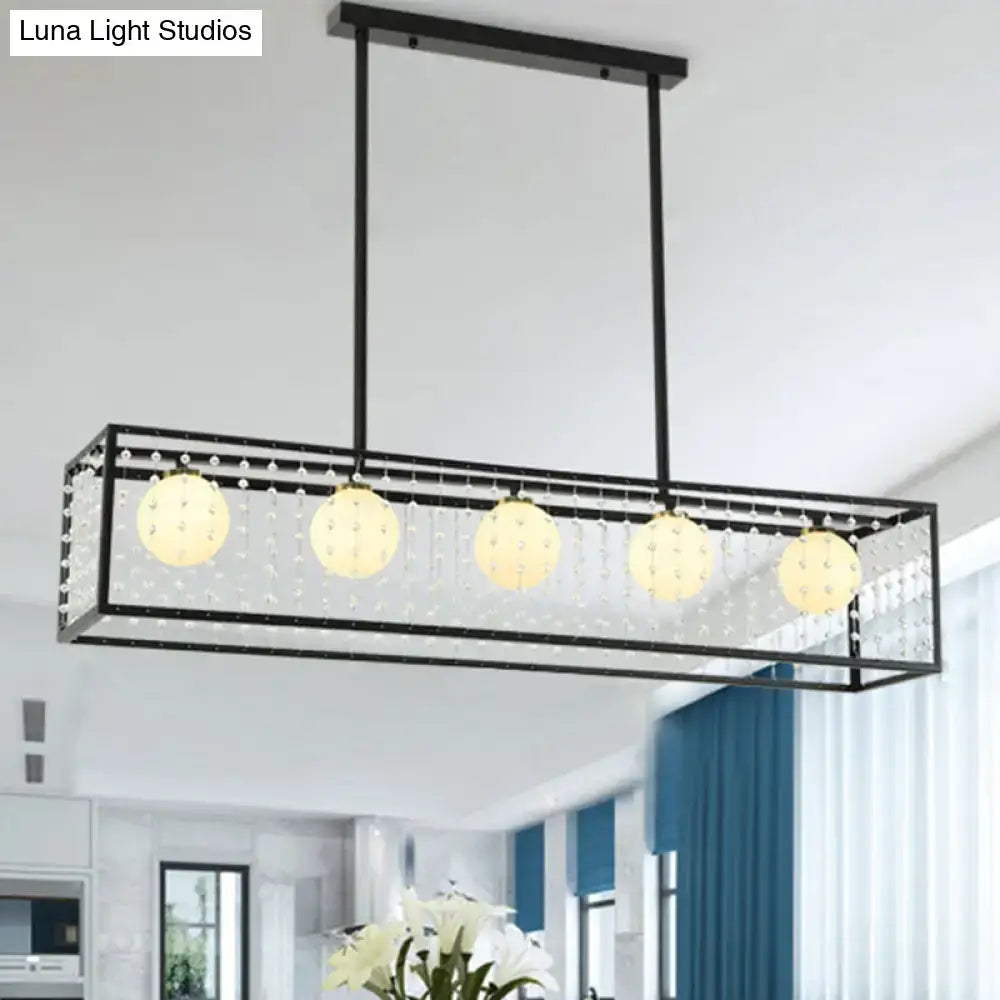 Decorbites™ modern 5-head black island light with white glass shades crystal beads and warm-toned bulbs ceiling light