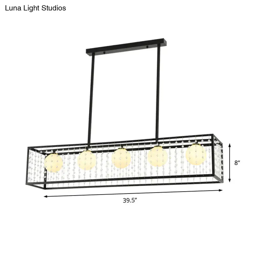 DecorBites™ modern 5-head black island light with white glass globes and cascading clear crystal beads ceiling light