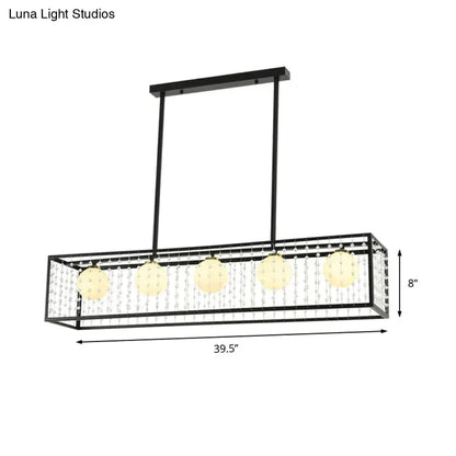 DecorBites™ modern 5-head black island light with white glass globes and cascading clear crystal beads ceiling light