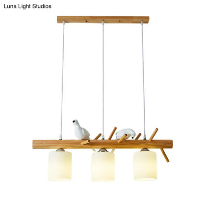 Decorbites™ modern island pendant light with wooden frame, frosted glass shades, and white ceramic birds for dining room