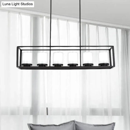 Black metal island pendant light with six frosted white glass candle-style led incandescent fluorescent bulbs for kitchen lighting