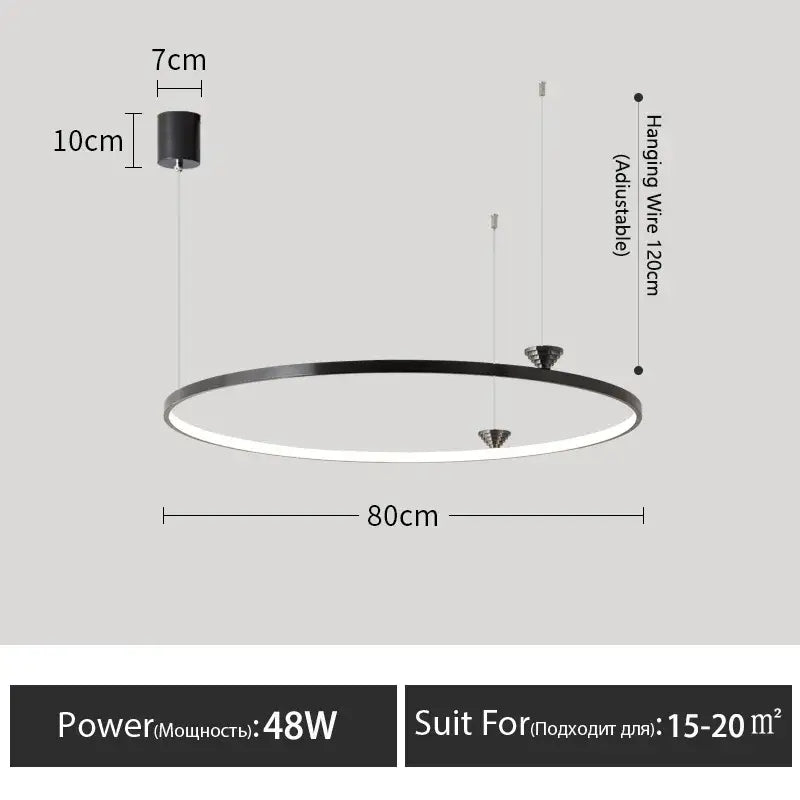 Modern black italian style led pendant light with sleek minimalist circular design and adjustable hanging wire for living room