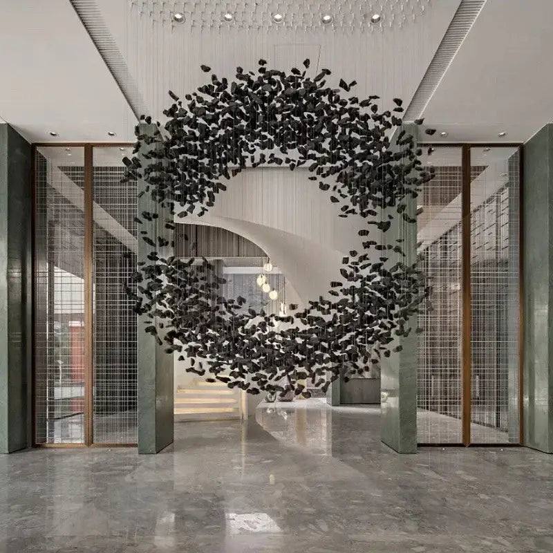 Modern black leaf crystal led chandelier staircase pendant light featuring decorbites crystal led sculptural design