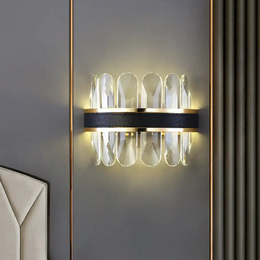 Modern black leather and crystal wall lamp with clear faceted crystals and gold accents for 220v-240v lighting