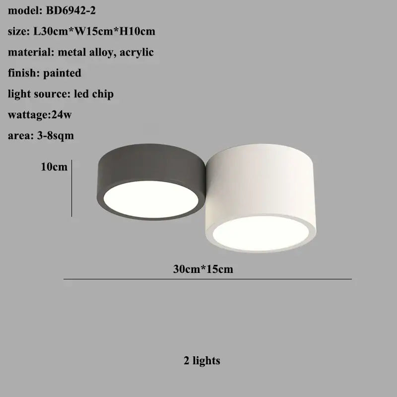 Modern black led ceiling lamp with dual light cylindrical shades in matte black and white painted metal alloy and acrylic