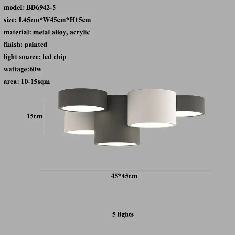 Modern black led ceiling lamp with five cylindrical shades in matte gray and white metal and acrylic for living room