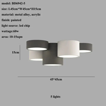 Modern black led ceiling lamp with five cylindrical shades in matte gray and white metal and acrylic for living room