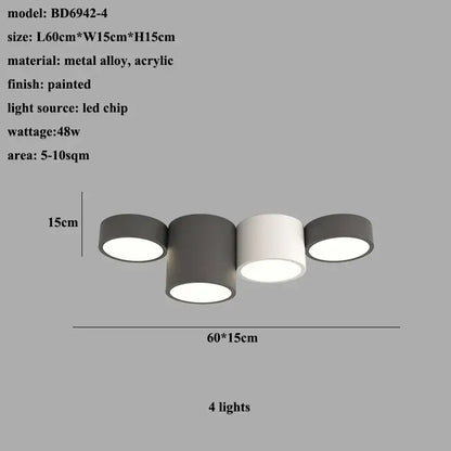 Modern black led ceiling lamp with four cylindrical matte gray and white shades made of metal alloy and acrylic