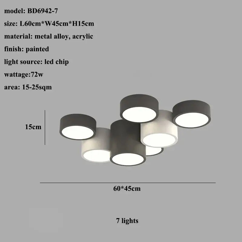 Modern black led ceiling lamp with seven circular led bulbs in a dark gray and white metal alloy and acrylic cluster design