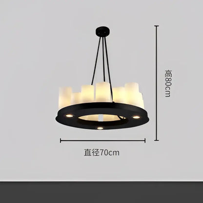 Modern black led chandelier with glass led candle-like lights and a wine glass rack for elegant dining room use