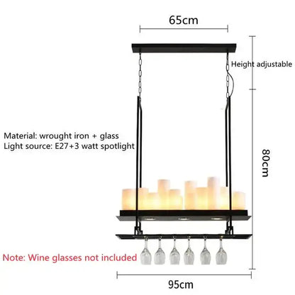Modern black led chandelier with adjustable height featuring a wrought iron glass led wine glass rack for dining rooms
