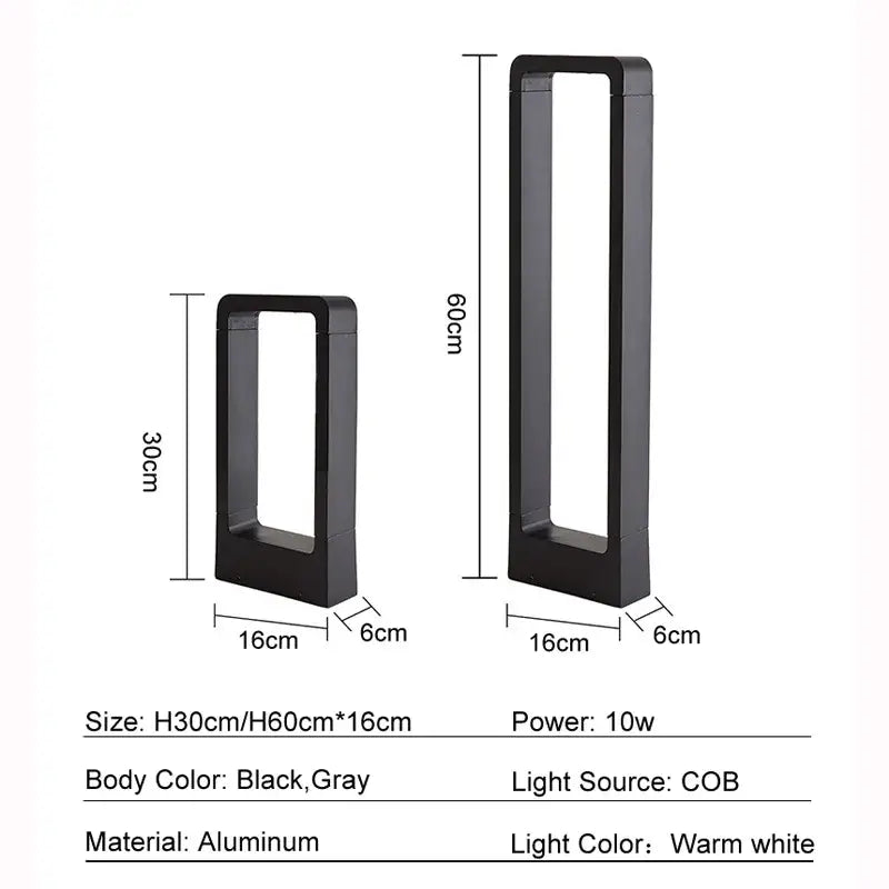 Modern black led garden light with rectangular aluminum frame and warm white cob illumination in 30cm and 60cm heights