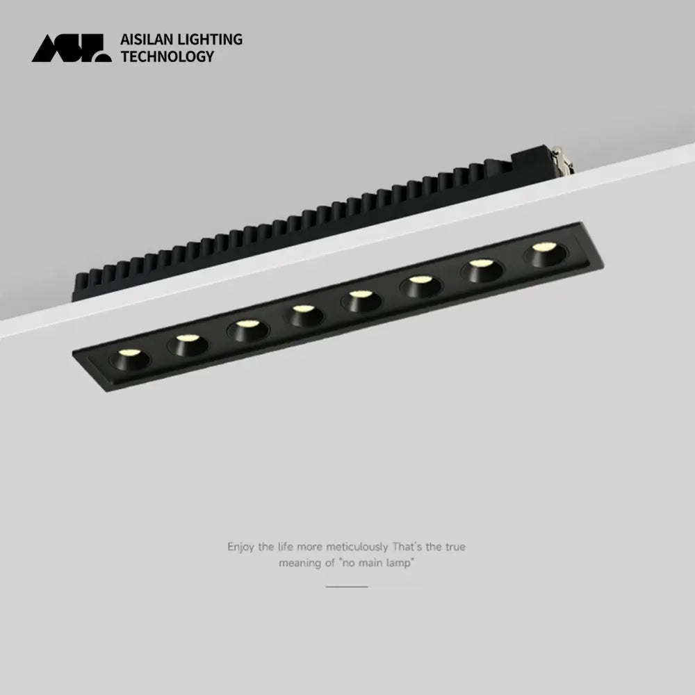 Modern black led grille downlight featuring a rectangular recessed design with six circular bulbs for office ceilings