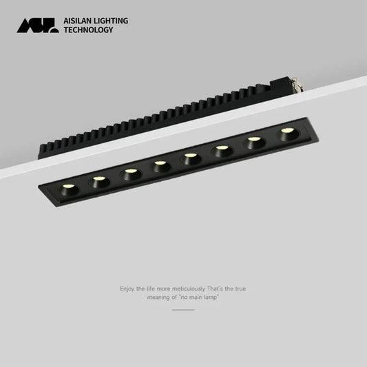 Modern black led grille downlight featuring a rectangular recessed design with six circular bulbs for office ceilings