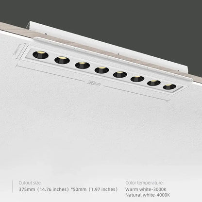 Modern black led grille downlight with six white recessed circular led bulbs arranged in a row for office lighting