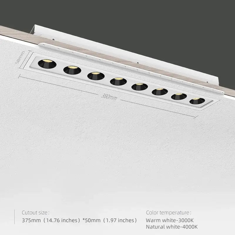 Modern black led grille downlight with six white recessed circular led bulbs arranged in a row for office lighting