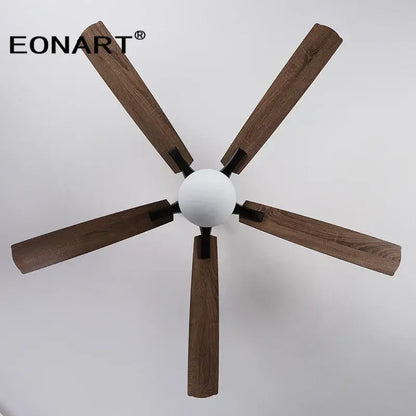 Eonart modern indoor ceiling fan with five dark wood blades and white spherical led light fixture for bedroom use