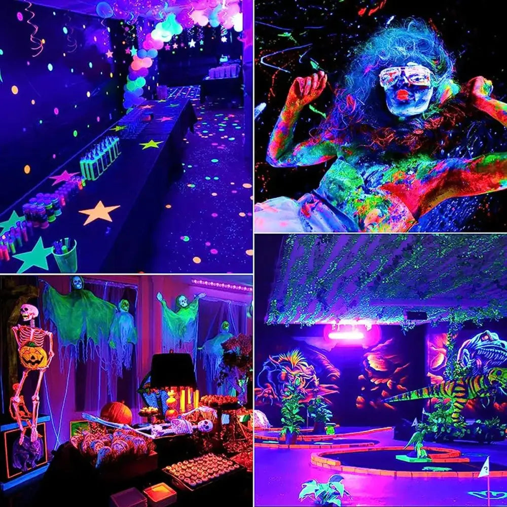 Modern black led black light bar illuminating a vibrant halloween party with neon decorations and costumes under black light