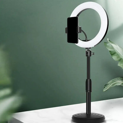 Modern black led ring flash light with adjustable stand and phone holder used as wall light and bedroom lamp