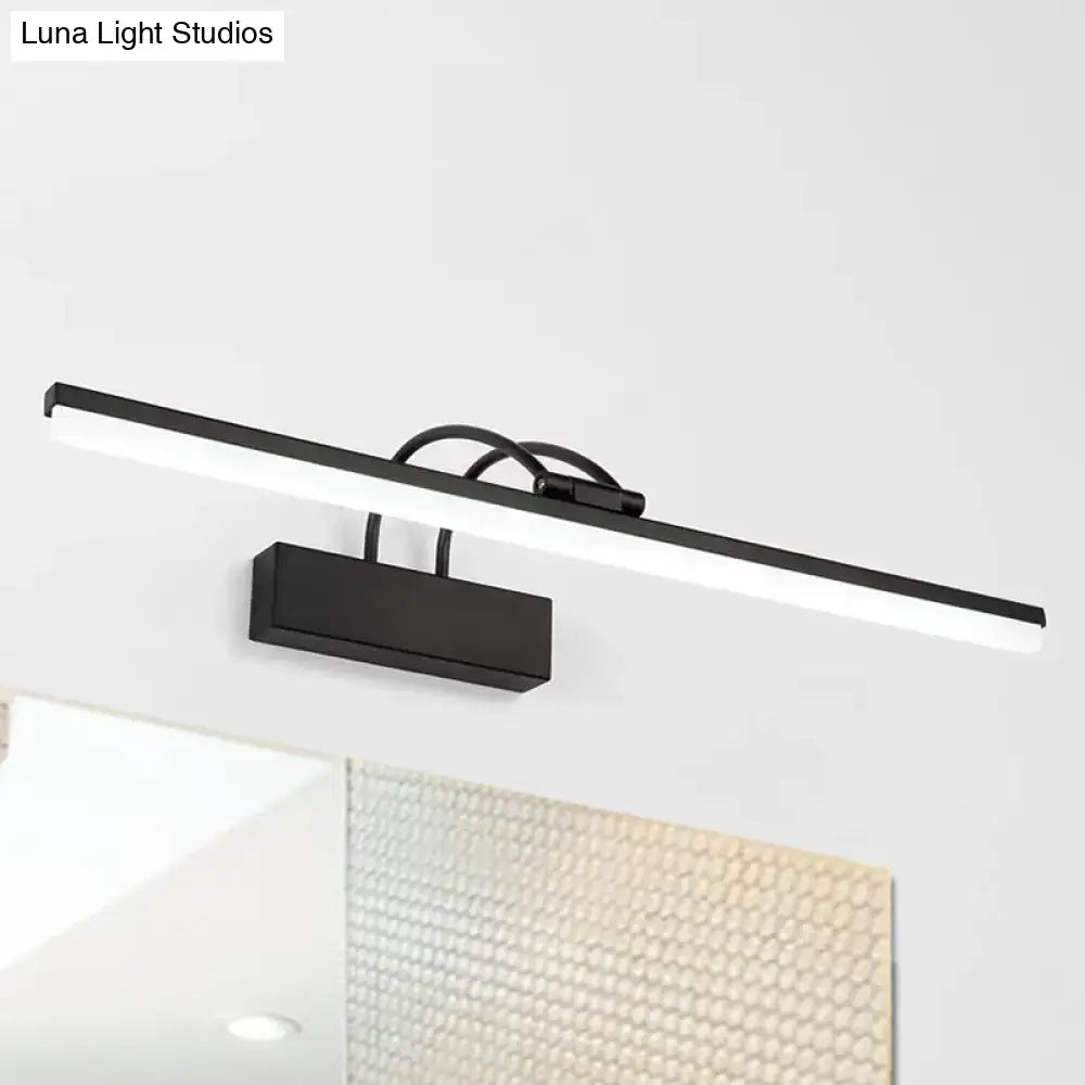 Modern black led vanity lighting fixture with sleek rectangular design and curved arms featuring adjustable color temperature