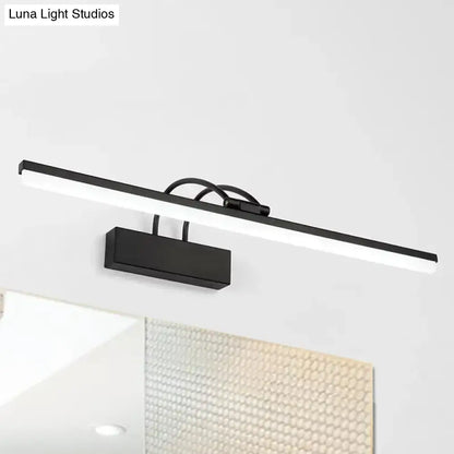 Modern black led vanity lighting fixture with sleek rectangular design and curved arms featuring adjustable color temperature