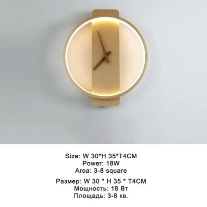 Modern black led wall clock lamp with minimalist light fixture featuring wooden hands and warm ambient led wall lighting