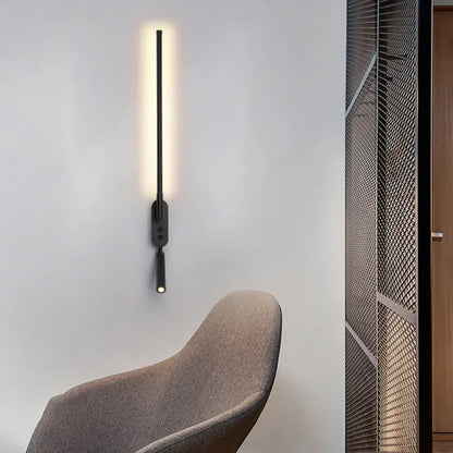 Modern black led wall lamp with sleek elongated design and warm adjustable bedroom spotlight lighting