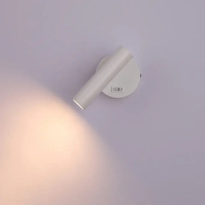 Modern black led wall lamp with white cylindrical adjustable head and sleek minimalist design for bedroom reading light