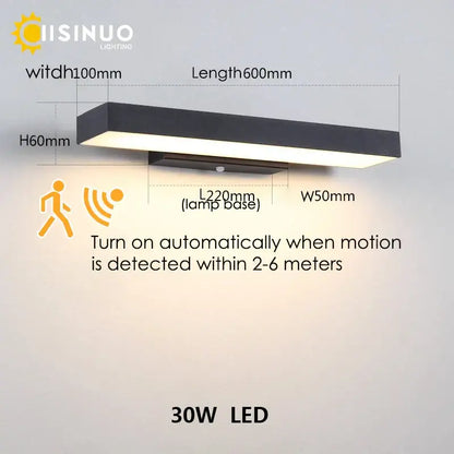 Black rectangular led wall sconce 30w with sleek modern design and dusk dawn motion sensor for outdoor use