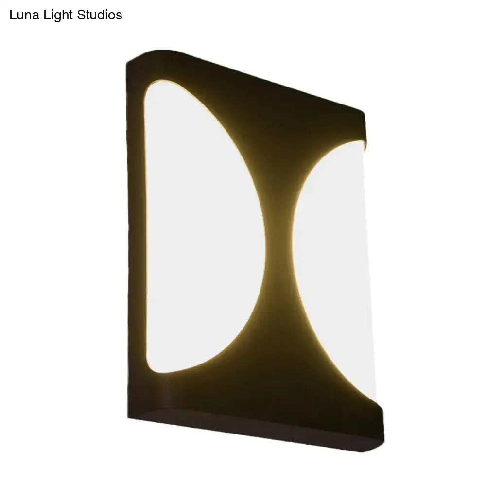 Modern black led wall sconce with double semicircle pattern and two illuminated crescent panels for bedroom lighting