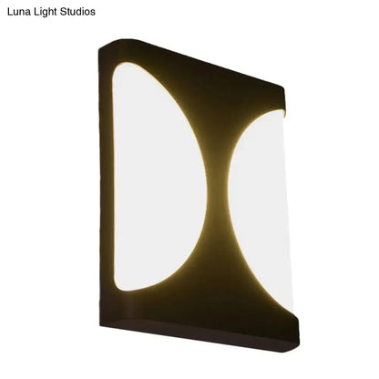 Modern black led wall sconce with double semicircle pattern and two illuminated crescent panels for bedroom lighting