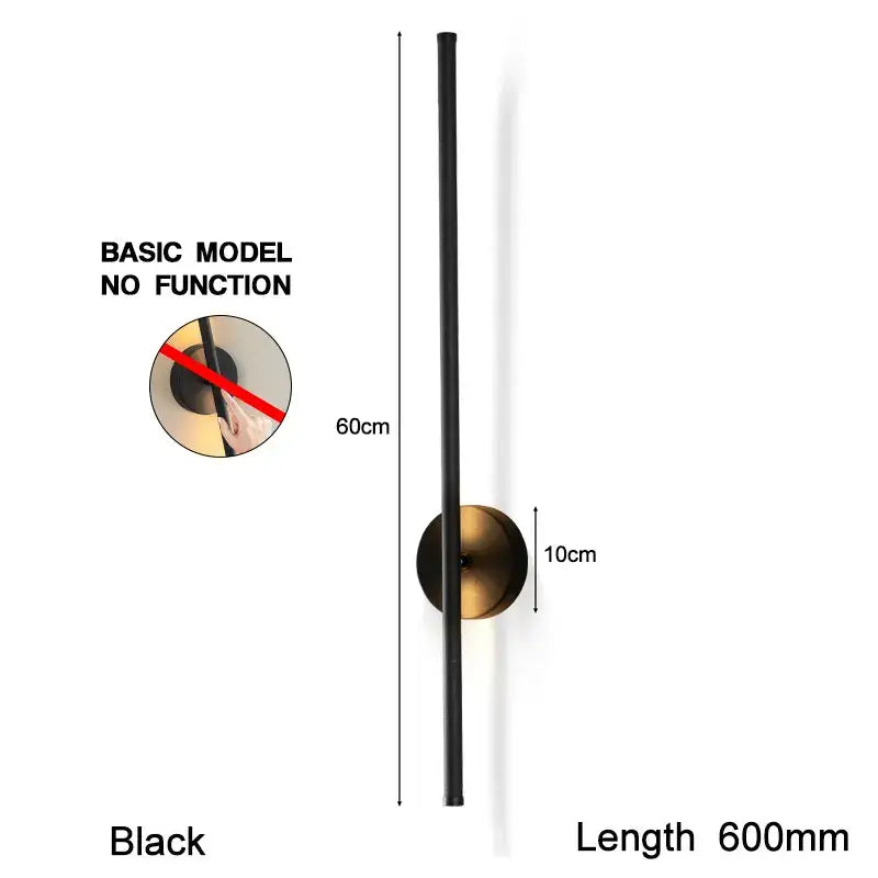 Modern black led wall sconce with sleek vertical rod and circular brass base featuring dimmable touch switch for bedroom