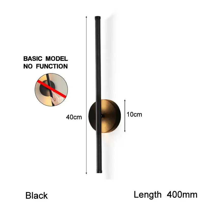 Modern black led wall sconce with dimmable touch switch featuring a sleek vertical rod and circular brass base for bedroom use