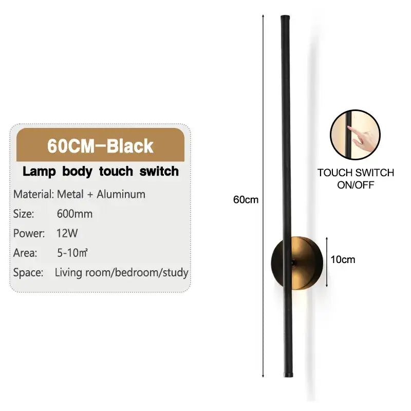 Modern black led wall sconce with dimmable touch switch made of metal and aluminum for bedroom wall lighting