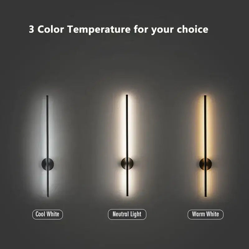 Modern black led wall sconce with sleek minimalist design, slim vertical led strip, and dimmable touch switch for bedroom