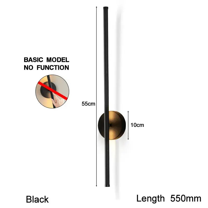 Modern black led wall sconce with dimmable touch switch featuring a minimalist vertical rod and circular brass base for bedroom