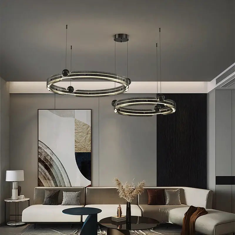 Modern black light luxury circle led chandelier with sleek metallic frames and embedded leds for decorbites light luxury decor