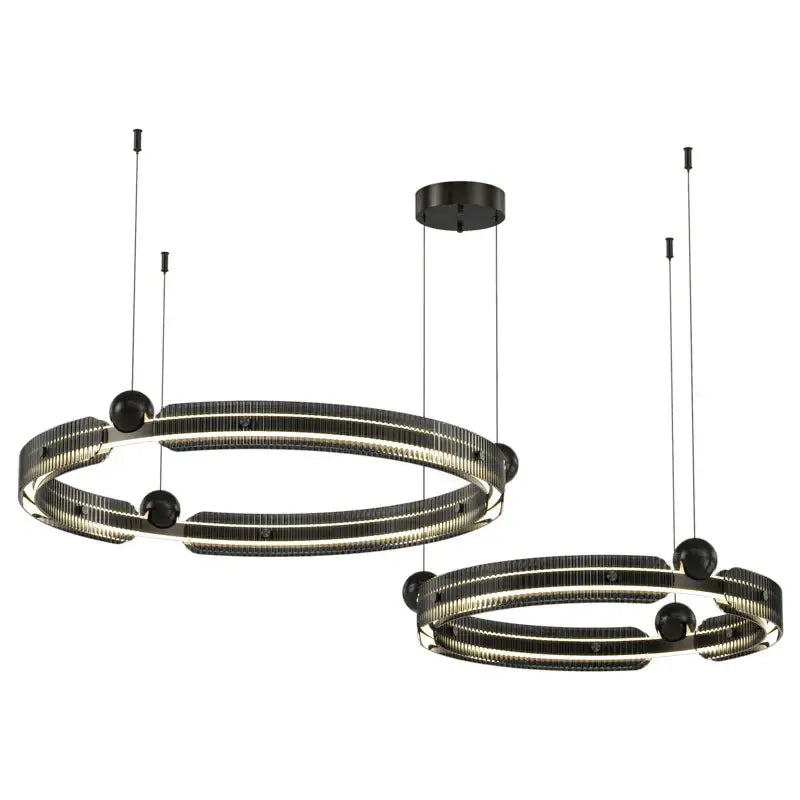 Modern black light luxury circle pendant with sleek ribbed metal rings and embedded luxury circle led lighting