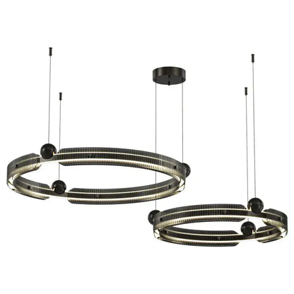 Modern black light luxury circle pendant with sleek ribbed metal rings and embedded luxury circle led lighting