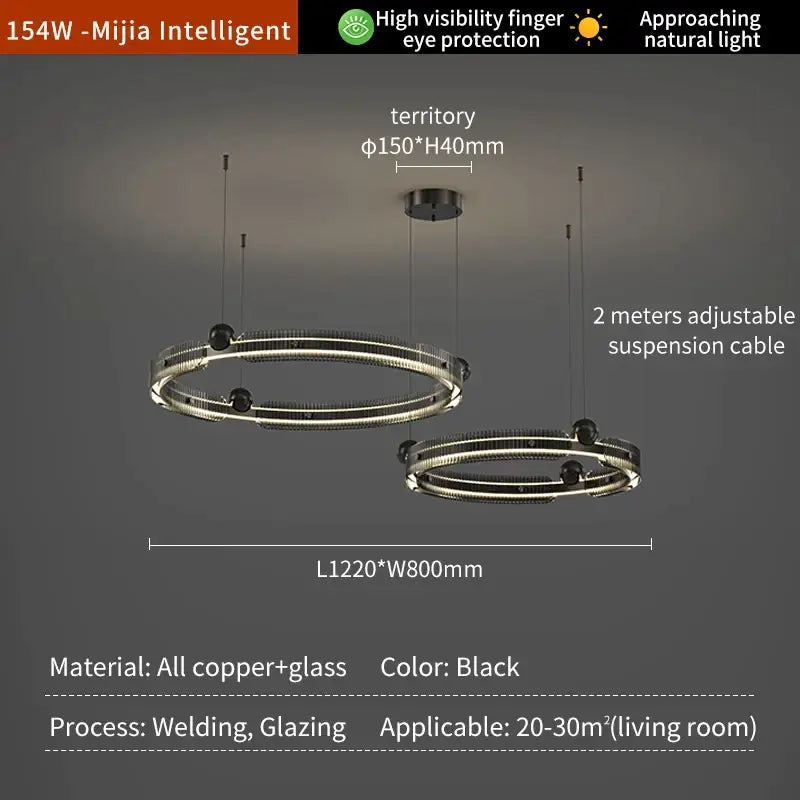 Modern black light luxury circle led chandelier featuring copper and glass pendant lights with adjustable suspension cables