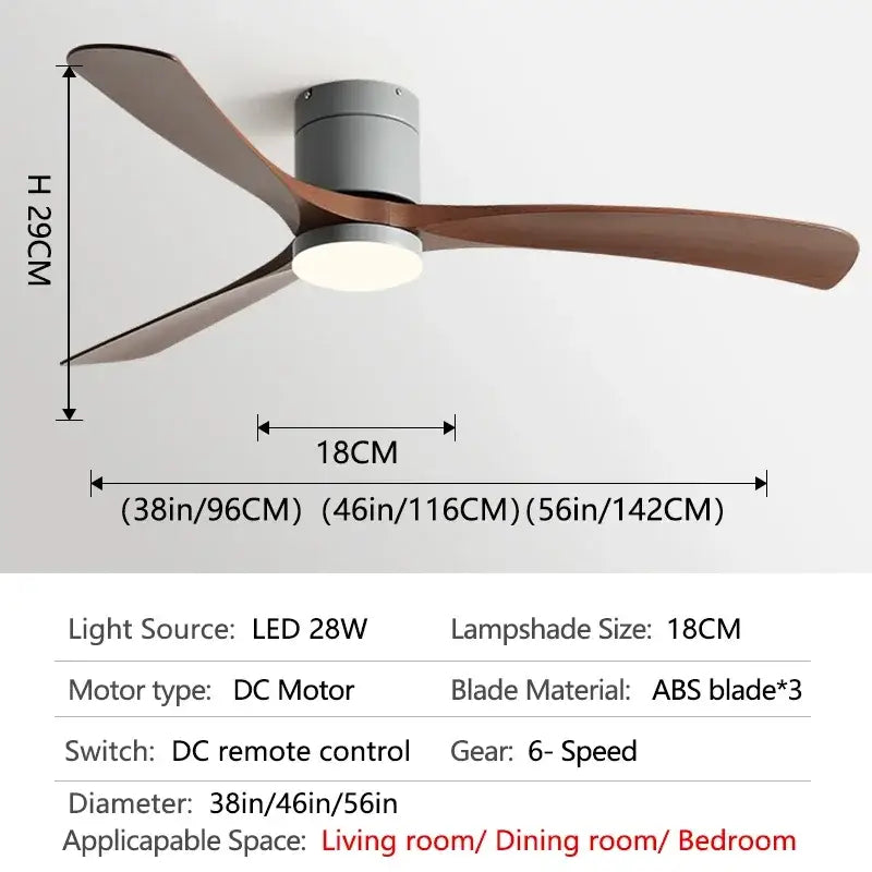 Modern black ceiling fan with three dark brown abs blades, gray motor housing with led light and remote control for bedroom